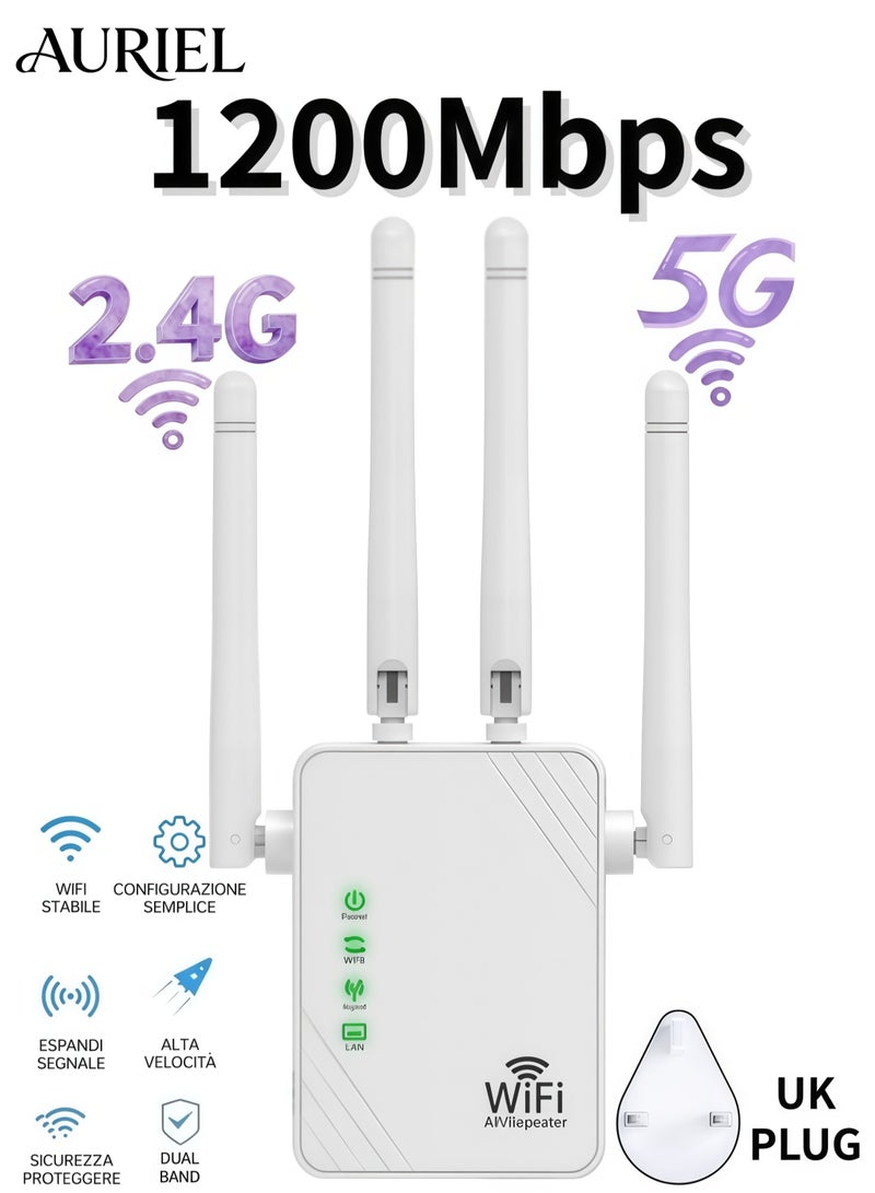 أورييل مكرر إشارة واي فاي لاسلكي، 1200 ميجابت في الثانية، موسع واي فاي ثنائي النطاق 5G/2.4G، معزز واي فاي لاسلكي، إعداد بلمسة واحدة، التوصيل والتشغيل - أبيض - Image 1
